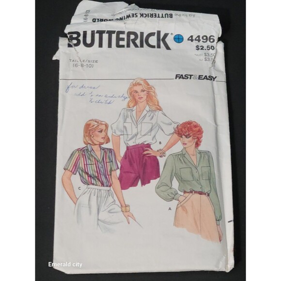 Vtg Fast And Easy Butterick #4496 Size 6-8-10 Blouse Uncut 1985 Sewing Pattern - Picture 6 of 6
